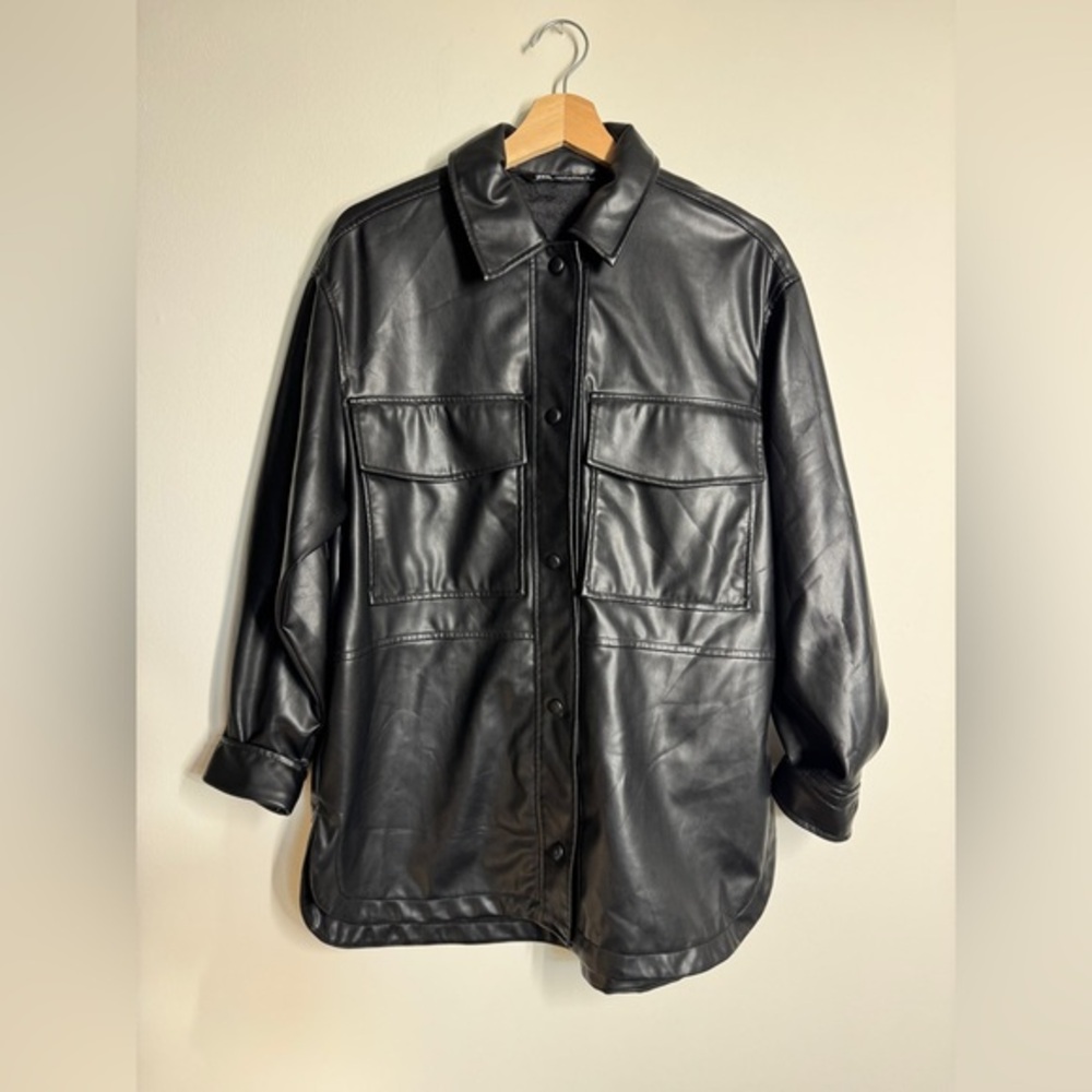 Zara Black Faux Leather Shirt Jacket